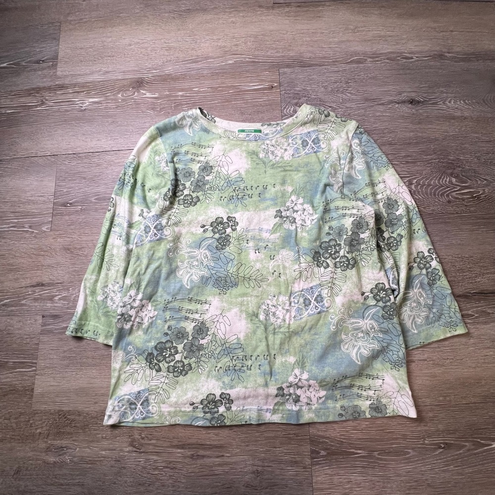 Shenanigans Top Womens PM Green Floral Musical Note 3/4 Sleeve Petite Tee
